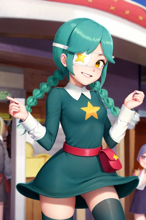 sgannie, yellow eyes, green hair, short hair, parted bangs, twin braids, eyepatch, green dress, star \(symbol\), belt pouch, green thighhighs, zettai ryouiki, smile, standing, amusement park , day <lora:annie-skullgirls-v2:1>