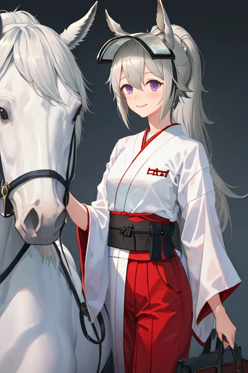 best quality, masterpiece, highres, solo, {white kimono:1.35}, {red hakama:1.35}, {wide sleeves:1.20}, {grani_arknights:1.15}, animal_ears, grey_hair, long_hair, horse_ears, ponytail, bangs, hair_between_eyes, purple_eyes, smile, upper_body, visor_cap, armband