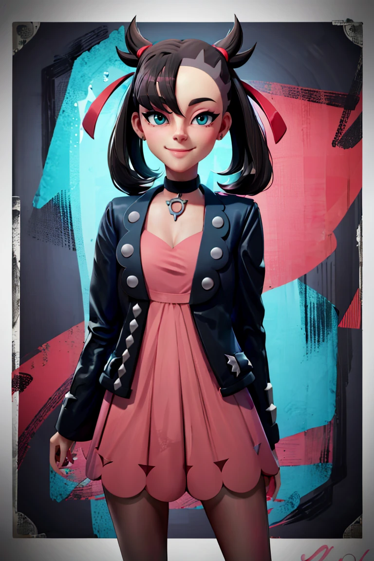 <lora:DannyMac_Style_Dim32:0.8>,((masterpiece,best quality)), <lora:Marnie_Pokemon_Dim32:0.8>, Marnie_Pokemon, aqua eyes, black choker, red ribbon, pink dress, jewelry, black jacket, open clothes, long sleeves, solo, smiling, looking at viewer, cowboy shot, cinematic composition, contrapposto,