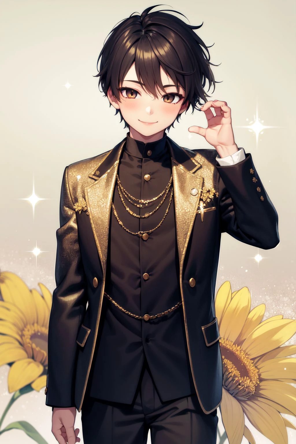 solo, 1boy, looking away, smile, glitter particles, Safflower \(flower\), floral background