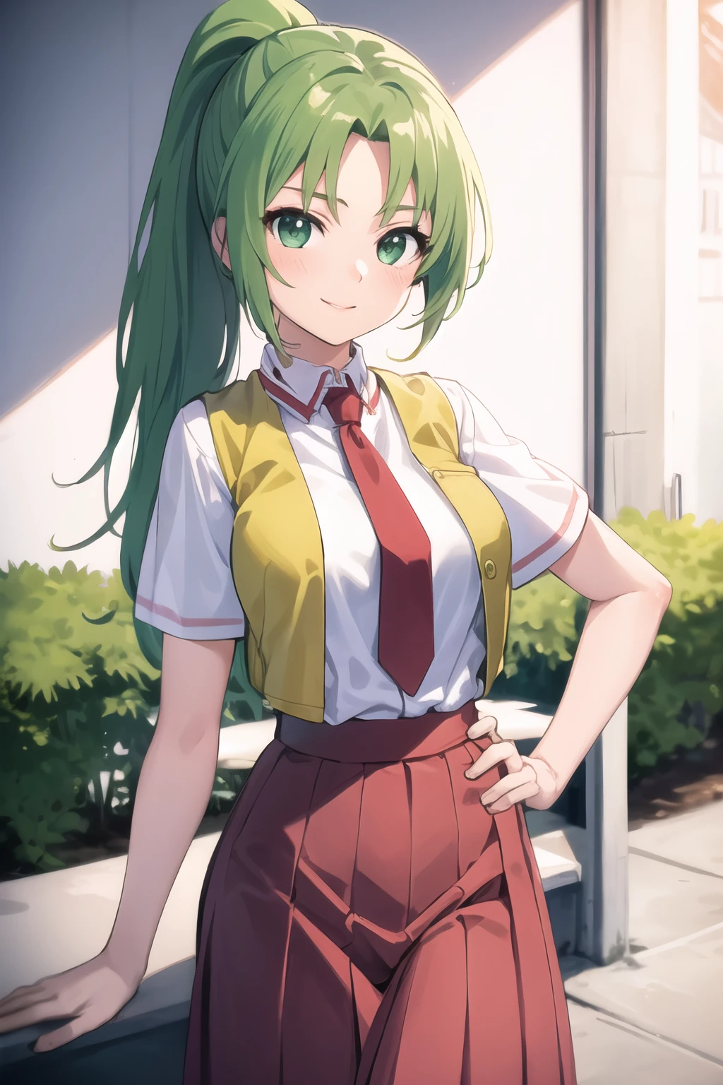masterpiece, best quality, ultra-detailed, 1girl, Mion Sonozaki, green hair, green eyes, ponytail, white shirt, red necktie, yellow vest, red skirt,
