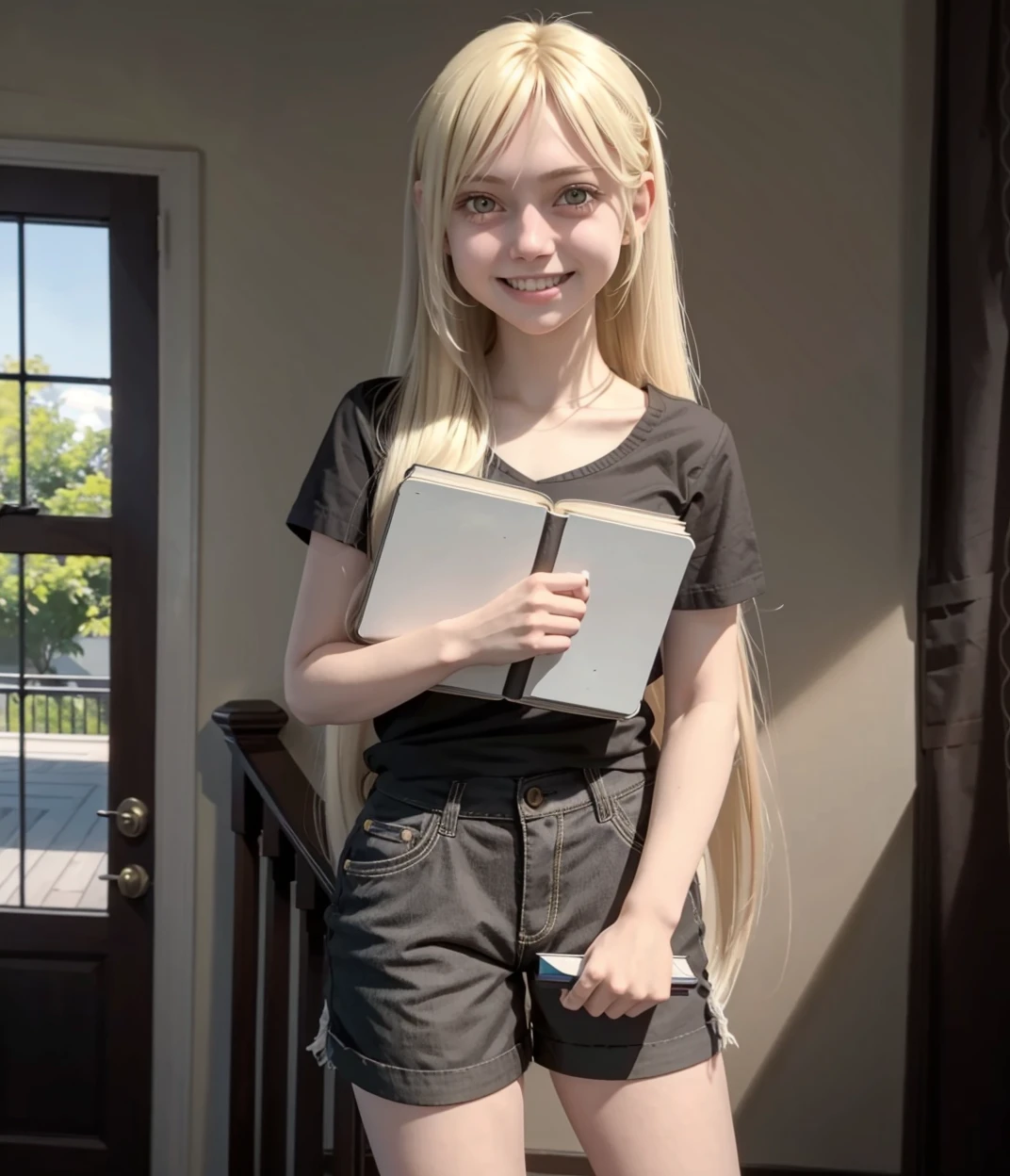 <lora:marymorgan_v5:1>, marym0rgan, smiling, teeth, 1girl, solo, long hair, brown eyes, holding book, black shirt, shorts, blonde hair, standing, long hair