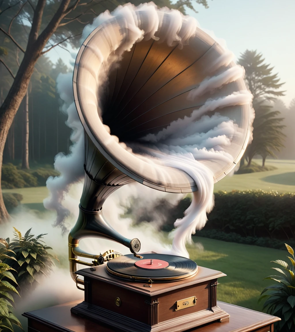 concept art <lora:FF-Style-Dall-e-FFusion-Surrealism:1> 06 Hyperrealistic depiction in soft tones of an old gramophone, but instead of a vinyl, it plays layers of mist The sound emitted is the serene ambiance . digital artwork, illustrative, painterly, matte painting, highly detailed