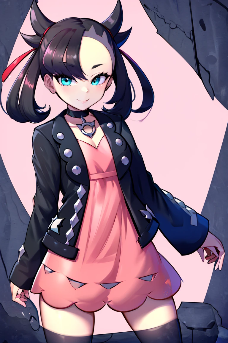 <lora:twistedscarlett60_style:0.8>,((masterpiece,best quality)), absurdres, <lora:Marnie_Pokemon_Dim32:0.8>, Marnie_Pokemon, aqua eyes, black choker, red ribbon, pink dress, jewelry, black jacket, open clothes, long sleeves, solo, smiling, looking at viewer, cowboy shot, cinematic composition, contrapposto,