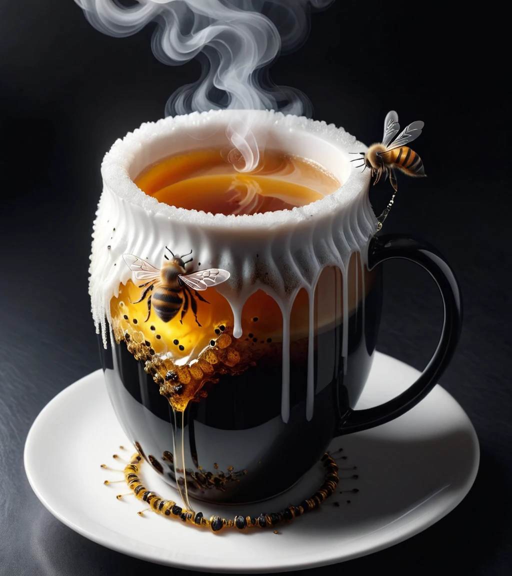 Gothic style <lora:FF-Style-Dall-e-FFusion-Surrealism:1> 26 4K photorealistic image of a coffee mug, but instead of ceramic, its crafted from crystallized honey When filled, steam rises in the shape of bees . Dark, mysterious, haunting, dramatic, ornate, detailed