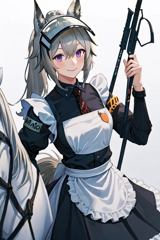 best quality, masterpiece, highres, solo, {maid:1.40}, {long maid dress:1.15}, {grani_arknights:1.15}, animal_ears, grey_hair, long_hair, horse_ears, ponytail, bangs, hair_between_eyes, purple_eyes, smile, upper_body, visor_cap, armband