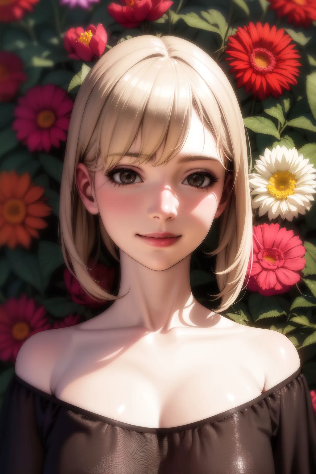 realistic, solo, 1girl, looking down, smile, no light, Polianthes_tuberosa \(flower\), floral background