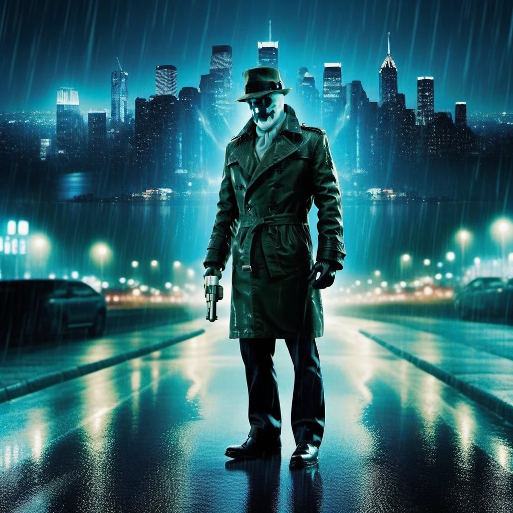 cinematic photo, Rorschach1024, FULL BODY, a man with a hat, night, rain, city background, . 35mm photograph, film, bokeh, professional, 4k, highly detailed <lora:Rorschach1024:0.8>