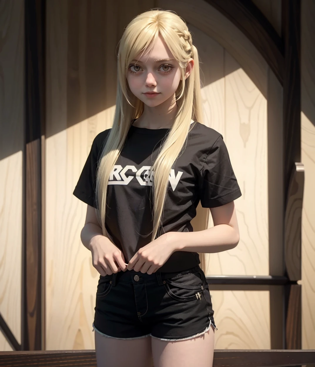 <lora:marymorgan_v5:1>, marym0rgan, teeth, 1girl, solo, long hair, brown eyes, black shirt, shorts, blonde hair, standing, long hair
