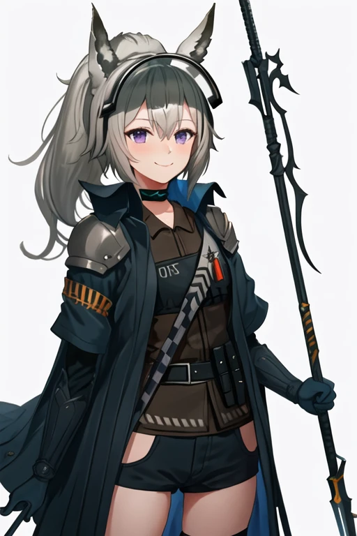 best quality, masterpiece, highres, solo, {grani_arknights:1.15}, animal_ears, grey_hair, long_hair, horse_ears, ponytail, bangs, hair_between_eyes, purple_eyes, smile, upper_body, visor_cap, armband, 1girl, jacket, open_clothes, shirt, simple_background, blush, brown_shirt, white_background, closed_mouth, open_jacket, looking_at_viewer, polearm, weapon, gloves, holding, holding_weapon