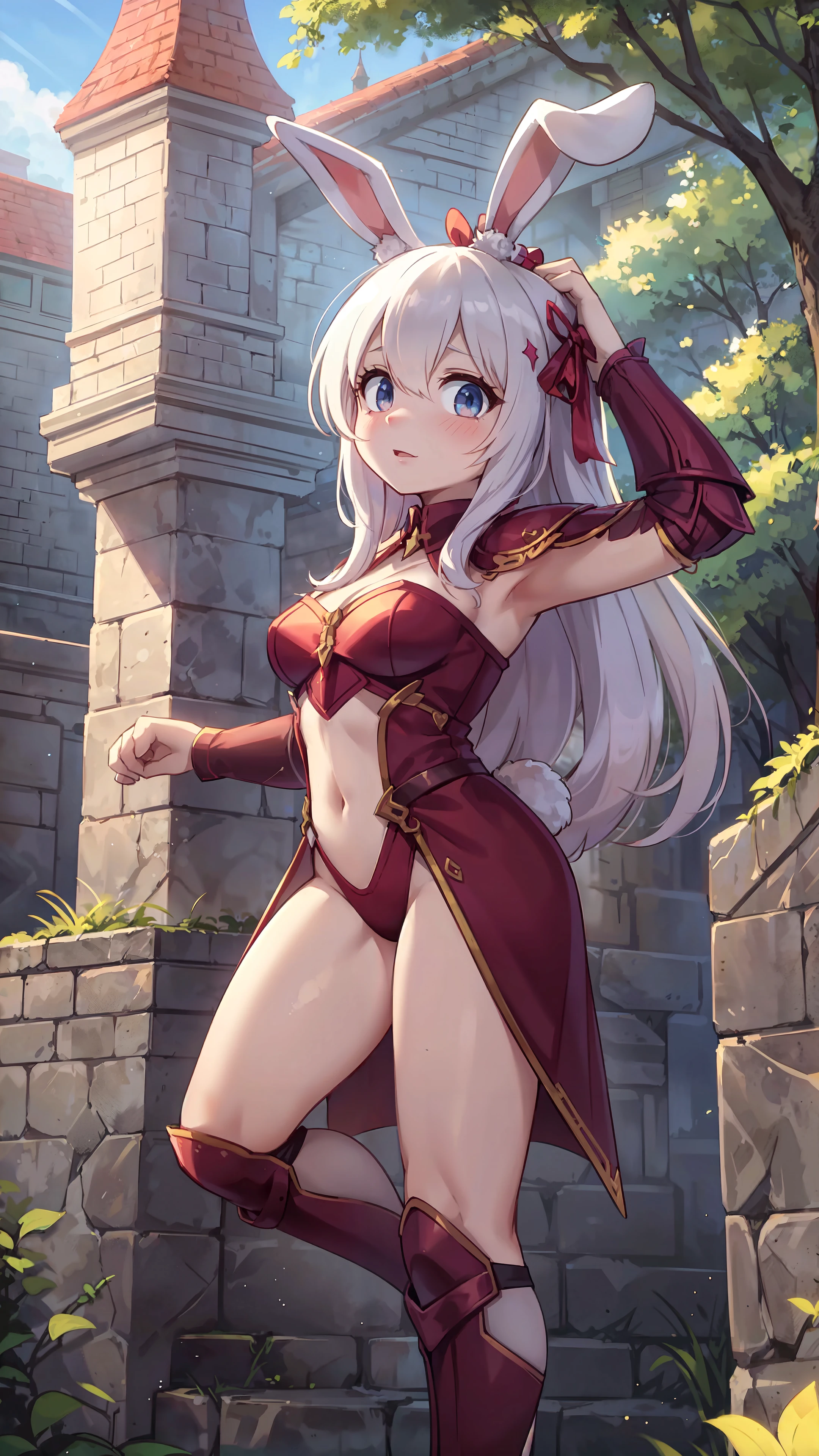 outdoor, castle courtyard, tall stone walls, detailed background, knight bunny girl, (armor with bunny-themed embellishments), standing tall and proud, bunny ears perched on her head, anime-style, expressive eyes, sunlight filtering through the trees, giving her a radiant glow, masterpiece