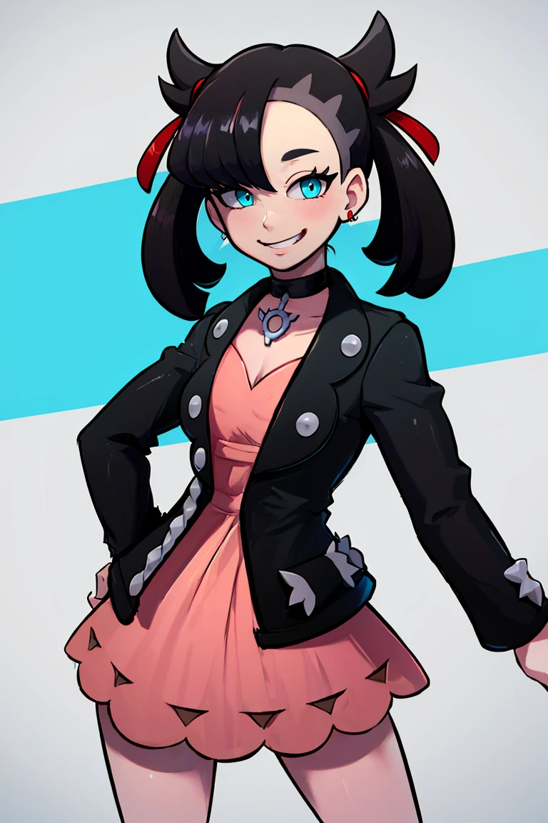 <lora:the_other_half_style:0.8>,((masterpiece,best quality)), absurdres, <lora:Marnie_Pokemon_Dim32:0.8>, Marnie_Pokemon, aqua eyes, black choker, red ribbon, pink dress, jewelry, black jacket, open clothes, long sleeves, solo, smiling, looking at viewer, cowboy shot, cinematic composition, contrapposto,
