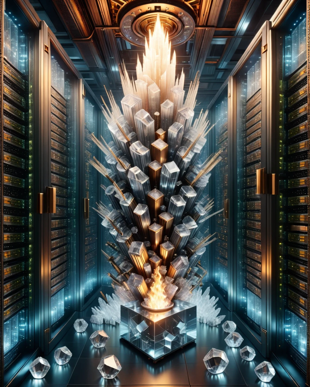 Steampunk style <lora:FF-Style-Dall-e-FFusion-Surrealism:1> a server room with crystals in it, in realistic data center, extreamly detailed data center, background is data server room, the matrix servers on fire, a crystalline room, in detailed data center, in data center, cyborg in the data center, full of clear glass facades, epic scene full of computers, standing in a server room, datacentre . Antique, mechanical, brass and copper tones, gears, intricate, detailed