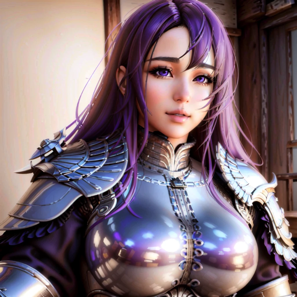 (masterpiece,highres,beautiful, realistic,extremely detailed face,best quality:1.2), Claire_(vindictus), 1girl, solo, long hair, purple hair, (purple eyes:1.2), hair between eyes, armor, lips, shoulder armor, gauntlets, breastplate, knight, full armor, chainmail, plate armor, boobplate, smile, (sitting, bedroom, bed, side view, legs crossed), <lora:Claire2_lora:0.8>