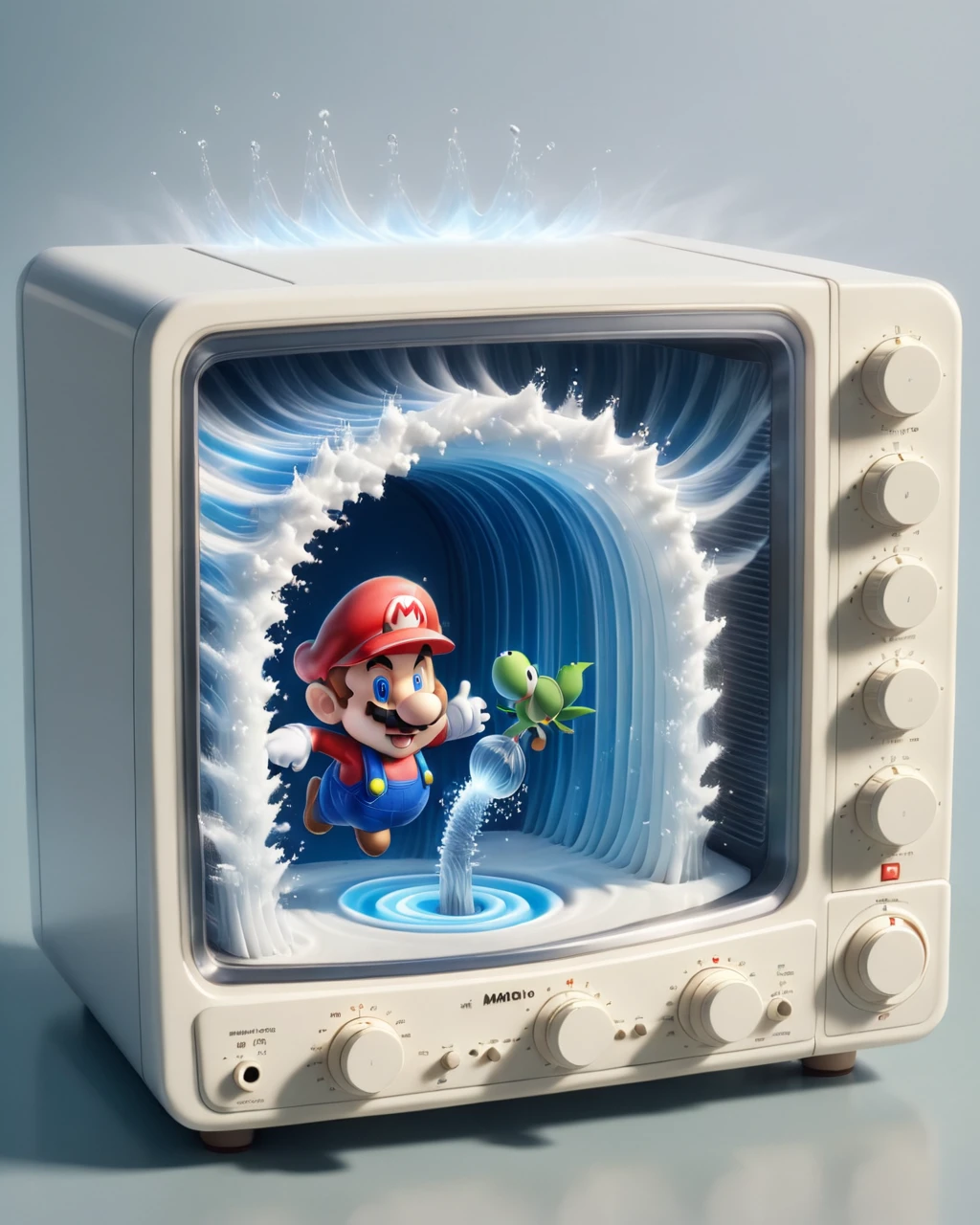 Super Mario style <lora:FF-Style-Dall-e-FFusion-Surrealism:1> a radio with water on it, radios, radio, myst on the air, digital illustration radiating, a still life of a microwave, tuned to a dead channel, shockwaves are coming out, eerie music, nostalgic high saturation, radiosity rendering, nostalgic atmosphere, transparent ghost screaming, ghostly particles, death is split in two with smoke, rippling electromagnetic . Vibrant, cute, cartoony, fantasy, playful, reminiscent of Super Mario series