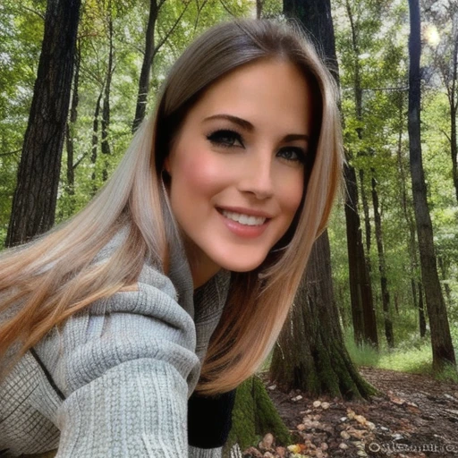 <lora:Kriss1oneLora:1>woman, posing, picture, her, front, sitting in the woods.,potrait, close up