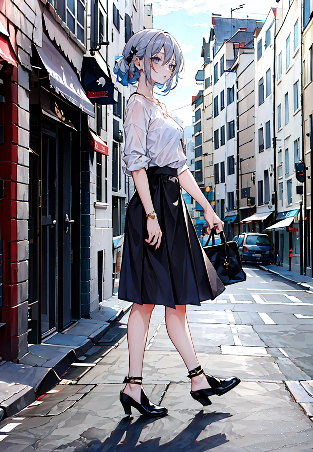 ((masterpiece,best quality)), highres, 1girl, hanya, white shirt, midi skirt, walking, street, from side