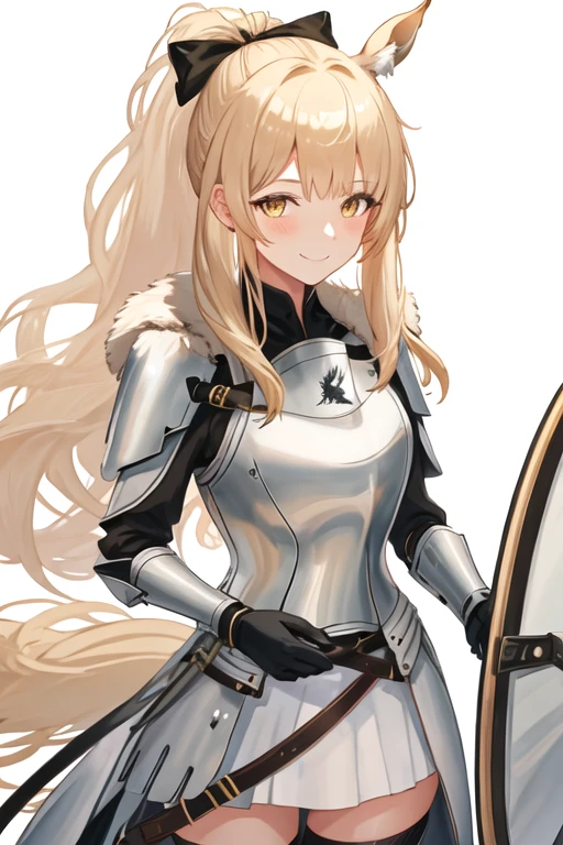 best quality, masterpiece, highres, solo, {blemishine_arknights:1.15}, long_hair, animal_ears, horse_ears, blonde_hair, animal_ear_fluff, ponytail, bangs, yellow_eyes, horse_girl, upper_body, smile, hair_bow, bow, black_bow, extra_ears, 1girl, armor, black_gloves, fur_trim, gloves, looking_at_viewer, simple_background, white_background, blush, breastplate