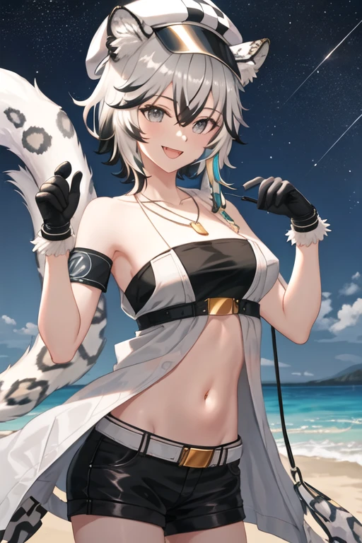 best quality, masterpiece, highres, solo, {night:1.10}, {starry sky:1.10}, beach, beautiful detailed sky, {extremely detailed background:1.20}, {cliffheart_arknights:1.15}, {standing:1.10}, looking at viewer, {bikini:1.30}, animal_ears, leopard_ears, short_hair, grey_hair, bangs, hair_between_eyes, animal_ear_fluff, smile, hat, jewelry, grey_eyes, white_headwear, cabbie_hat, necklace, breasts, sleeveless, leopard_tail, tail, upper_body, multicolored_hair, open_mouth, white_hair, bandeau, navel, armband, midriff, black_hair, medium_breasts, light smile