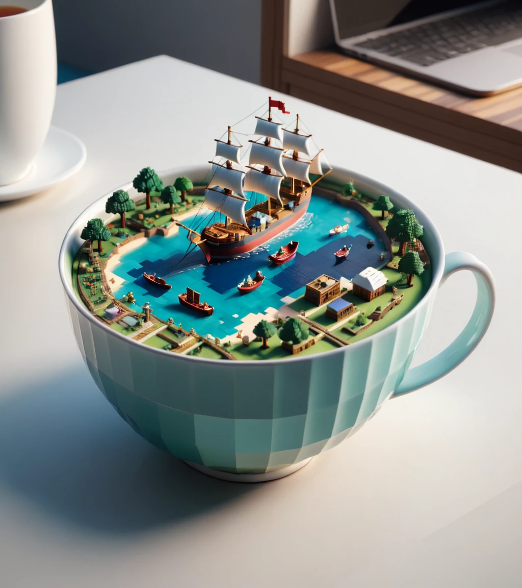 Minecraft style <lora:FF-Style-Dall-e-FFusion-Surrealism:1> a tea cup with a ship on it, tea cup, rendered in cgi, rendered in cinema 4 d, rendered in cinema4d, 3 d cg, 3d cg, highly rendered, rendered in keyshot, gorgeous 3d render, rendered illustration, highly detailed 3 d render, highly detailed 3d render, photorealistic illustration, depicted as a 3 d render . Blocky, pixelated, vibrant colors, recognizable characters and objects, game assets