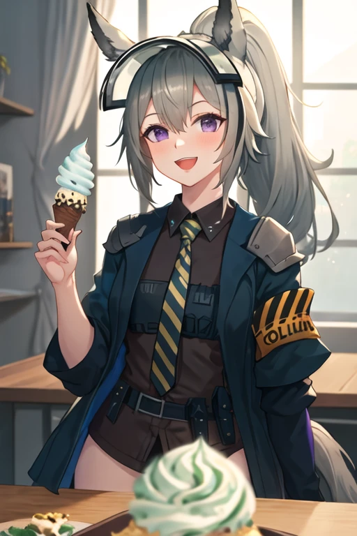 best quality, masterpiece, highres, solo, {grani_arknights:1.15}, animal_ears, grey_hair, long_hair, horse_ears, ponytail, bangs, hair_between_eyes, purple_eyes, smile, upper_body, visor_cap, armband, 1girl, green_shirt, jacket, looking_at_viewer, official_alternate_costume, shirt, food, holding, holding_food, ice_cream, ice_cream_cone, necktie, open_mouth, blue_shirt, collared_shirt, green_jacket, yellow_necktie, :d, blush, striped_necktie