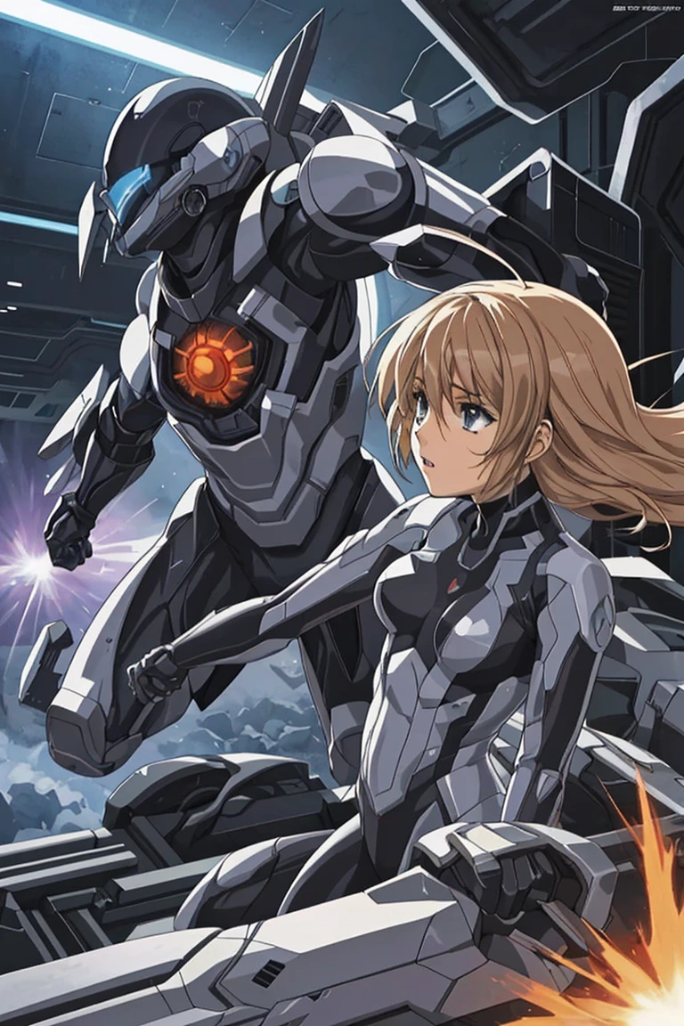 sci-fi official art, a girl in cyber suits, fighting, battle field
