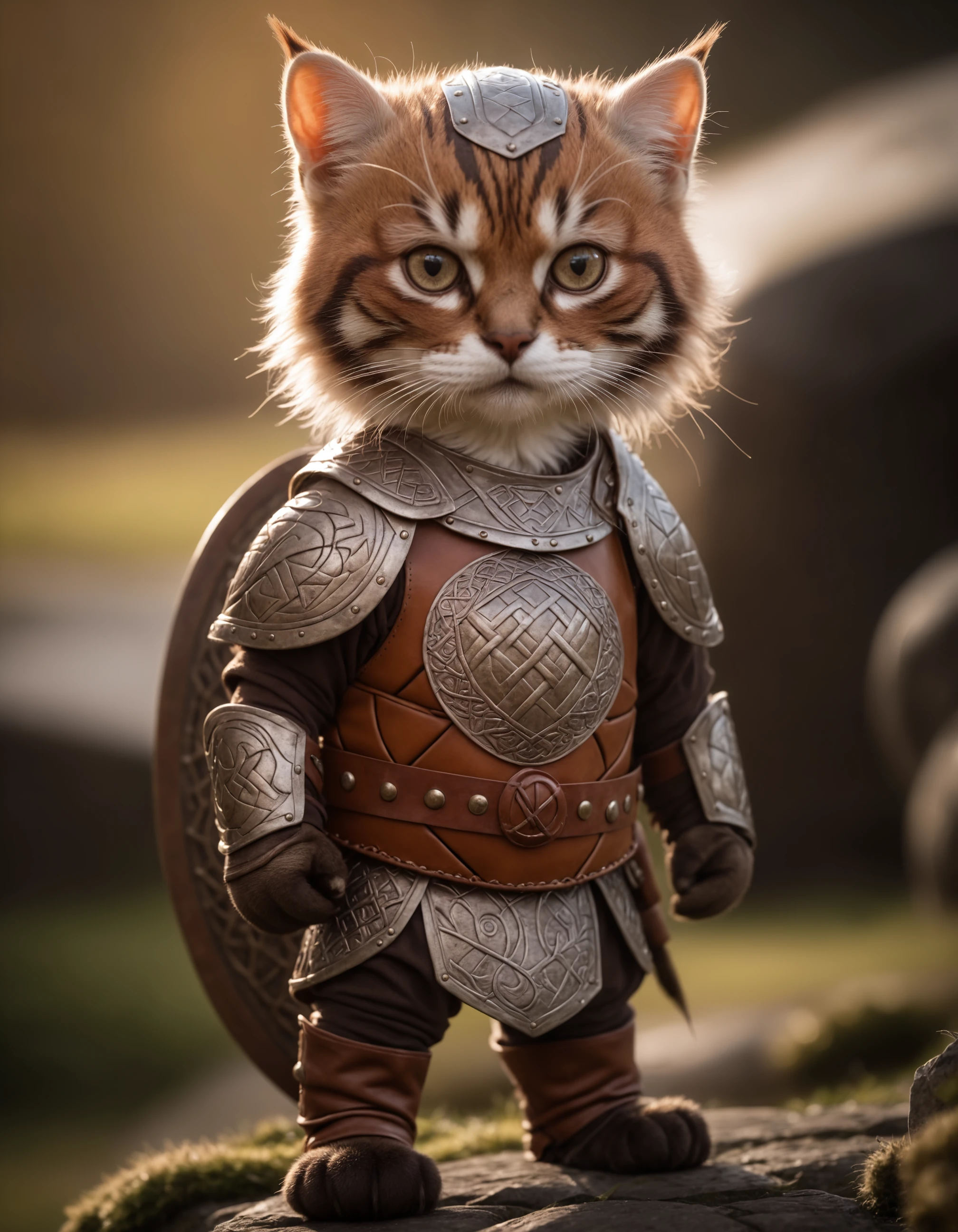 cinematic film still awardwinning photo cute cat, rust, epic, viking knotwork, wearing armor and shield, full body . shallow depth of field, vignette, highly detailed, high budget, bokeh . shallow depth of field, vignette, highly detailed, high budget, bokeh, cinemascope, moody, epic, gorgeous, film grain, grainy, undefined