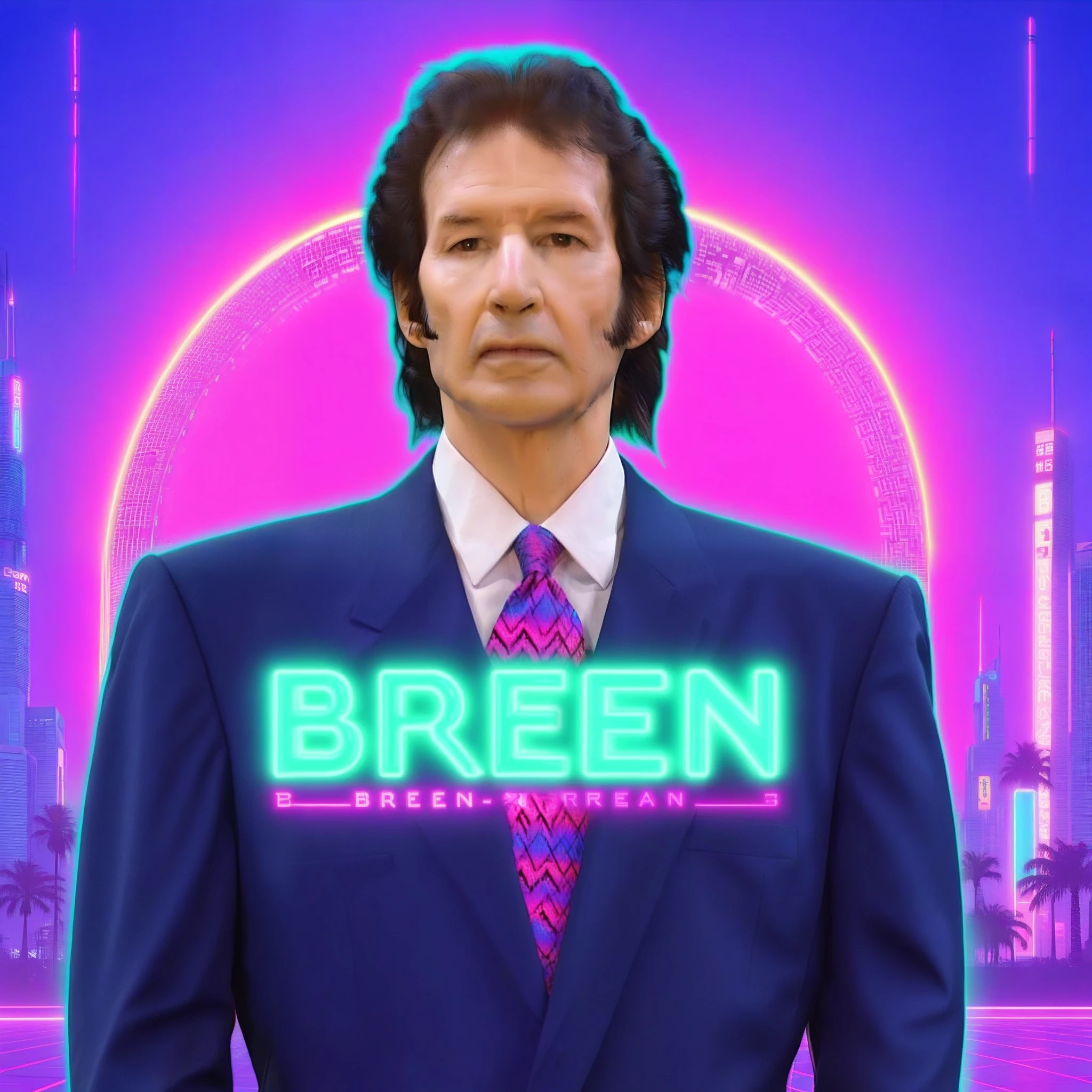 vaporwave style, <lora:Harrologos_V1.0:1> <lora:NeilBreen:1> "BREEN" text logo, large serif font, a man in a suit, highly detailed, high resolution, retro aesthetic, cyberpunk, vibrant, neon colors, vintage 80s and 90s style, highly detailed