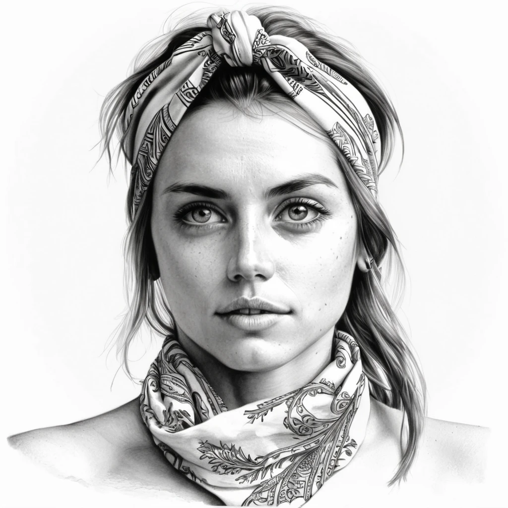 Pencil sketch of a woman wearing a bandana, highly detailed, masterpiece