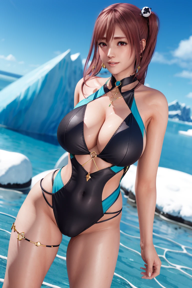 <lora:doa_honoka:0.7> honoka, black swimsuit, iceberg, arctic water