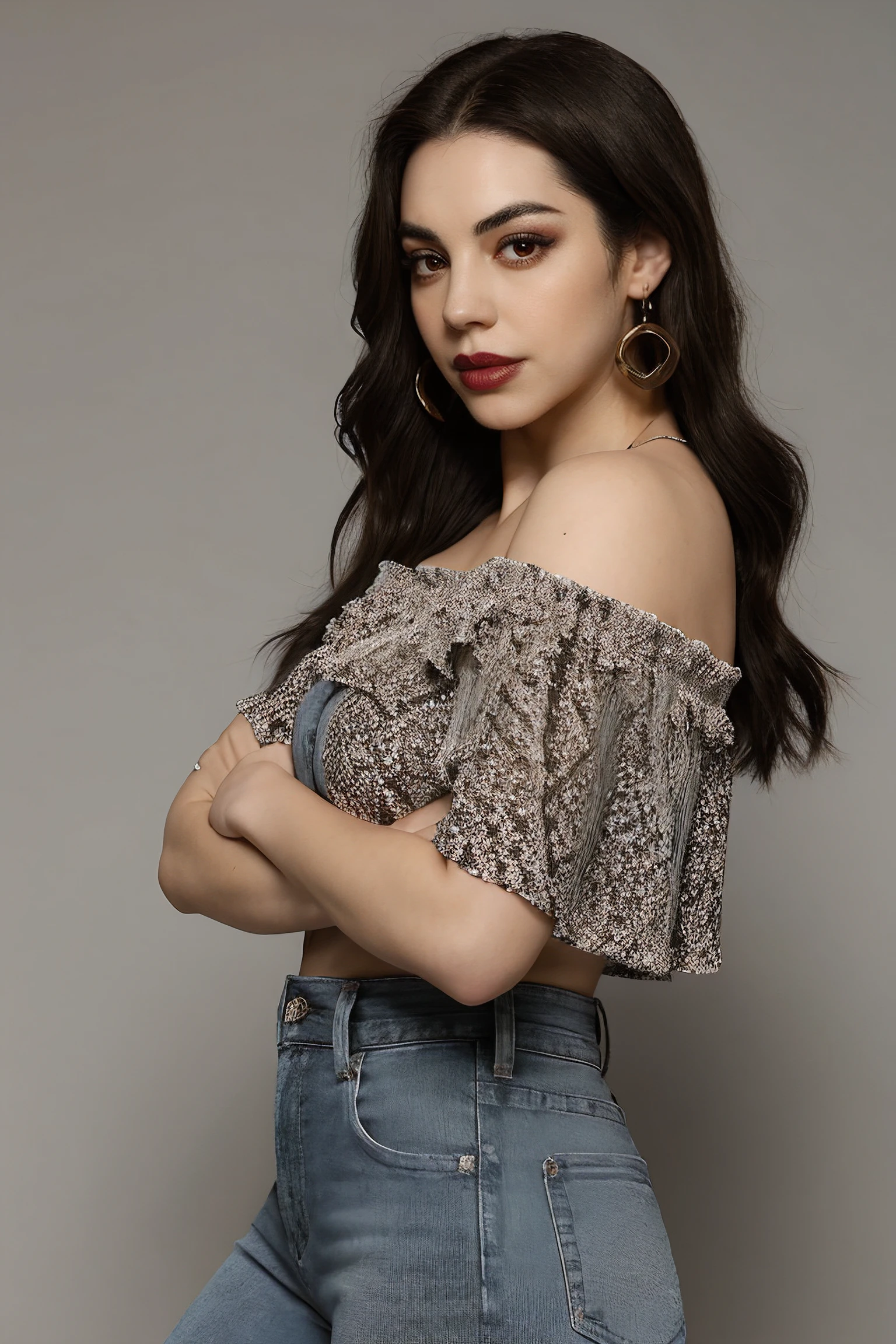 adelaide_kane, long hair, athletic body, symmetrical eyes,
blue off-shoulder top, grey jeans, earrings, detailed skin, BREAK black lipstick, lipstick, black makeup,
portrait, HD, solid white background, realistic, proportionate body,
<lora:Adelaide_Kane:0.8>, <lora:breastsizeslideroffset:-0.4>