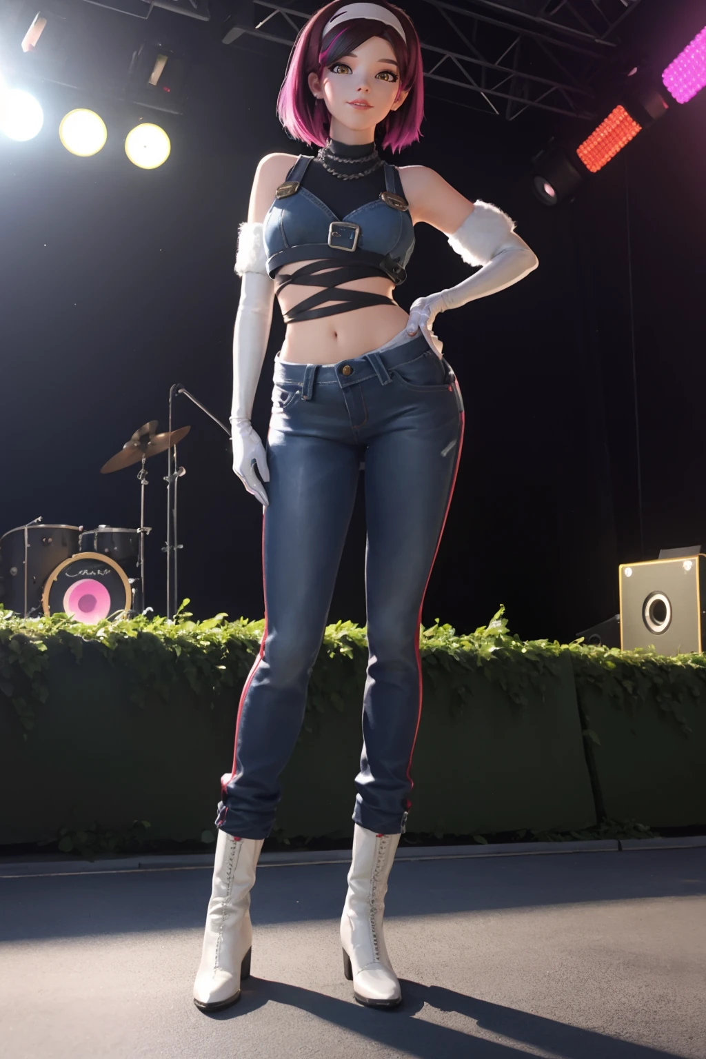 3D, CGI, render, realistic, 8k high definition detailed realistic, (best quality, masterpiece:1.2),photon mapping, radiosity, physically-based rendering, best quality, highly detailed, 1girl, looking at viewer, ((fullbody shot)),  multicolored hair, white gloves, fingerless gloves, white hairband, denim croptop, denim pants, white boots, pink whiskers marks,   dvakpop , concert stage, <lora:D.Vakpop-000008:.9> <lora:GoodHands-vanilla:0.8>