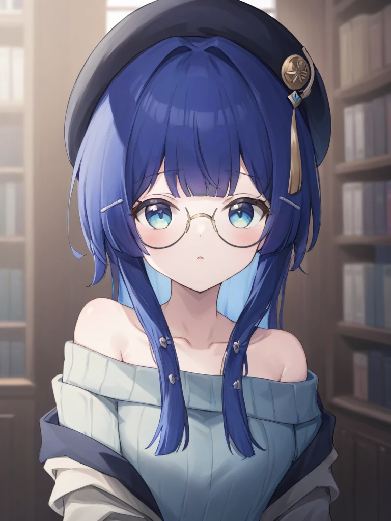 glasses,peila girl,blue hair,blue eyes,Beret,<lora:xl_peila girl-000006:0.8>,off-shoulder sweater
