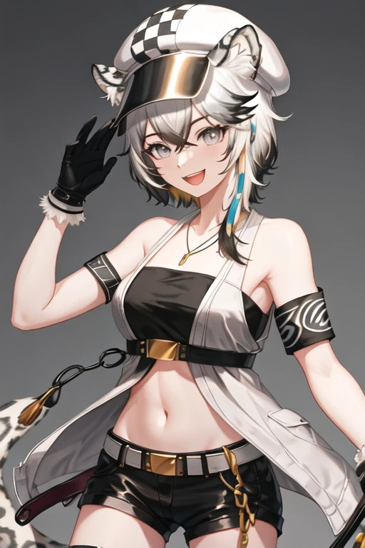 best quality, masterpiece, highres, solo, {cliffheart_arknights:1.15}, animal_ears, leopard_ears, short_hair, grey_hair, bangs, hair_between_eyes, animal_ear_fluff, smile, hat, jewelry, grey_eyes, white_headwear, cabbie_hat, necklace, breasts, sleeveless, leopard_tail, tail, upper_body, multicolored_hair, open_mouth, white_hair, bandeau, navel, armband, midriff, black_hair, medium_breasts