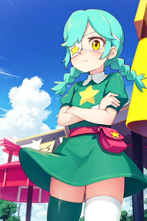 sgannie, yellow eyes, green hair, short hair, parted bangs, twin braids, eyepatch, green dress, star \(symbol\), belt pouch, green thighhighs, zettai ryouiki, embarrassed, sitting, amusement park , day <lora:annie-skullgirls-v2:1>