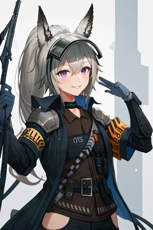 best quality, masterpiece, highres, solo, {grani_arknights:1.15}, animal_ears, grey_hair, long_hair, horse_ears, ponytail, bangs, hair_between_eyes, purple_eyes, smile, upper_body, visor_cap, armband