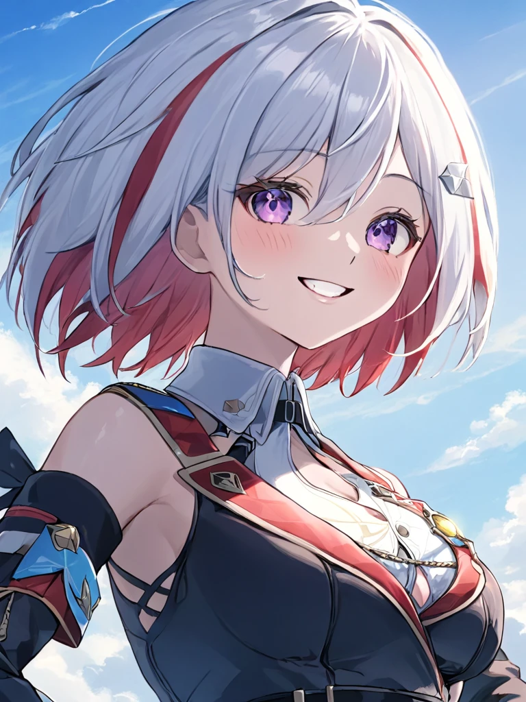 ultra-detailed,(best quality),((masterpiece)),(highres),original,extremely, <lora:tuopax_xl-000008:1>,1girl, smile, solo, gloves, multicolored hair, red hair, purple eyes, breasts, looking at viewer, black gloves, short hair, holding, hand on hip, white hair, sky, grin, bangs, two-tone hair, medium breasts, upper body, day, blush, watch, hair between eyes, blue sky, teeth, outdoors