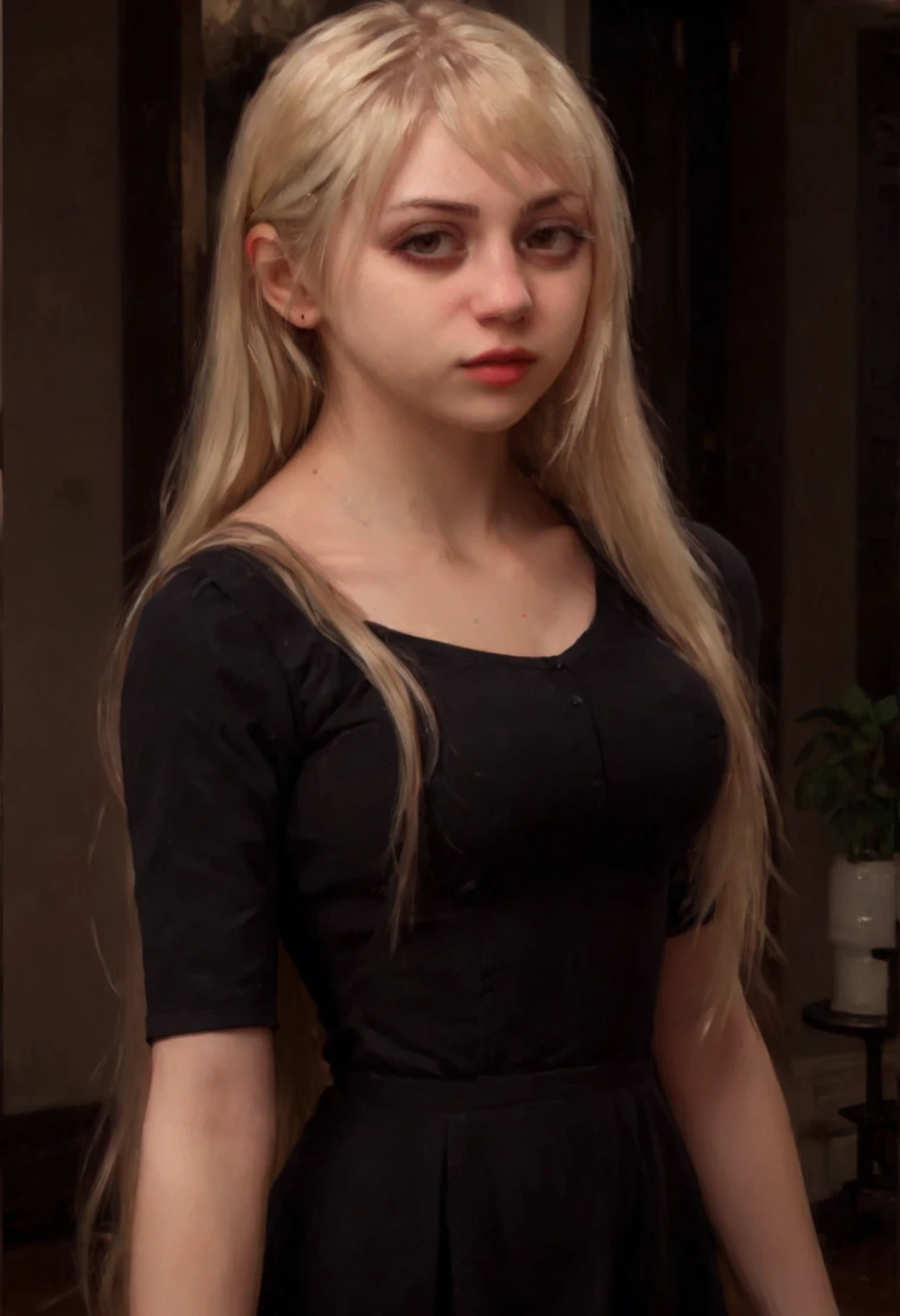 <lora:XL_marymorgan_v5:1.0>, <lora:XL_Oil_Paint_ClassipeintXL1.9:1>, MaryM0rgan, 1girl, solo, brown eyes, black outfit, blonde hair, long hair, realistic,  standing,   XL_ZIP_2D