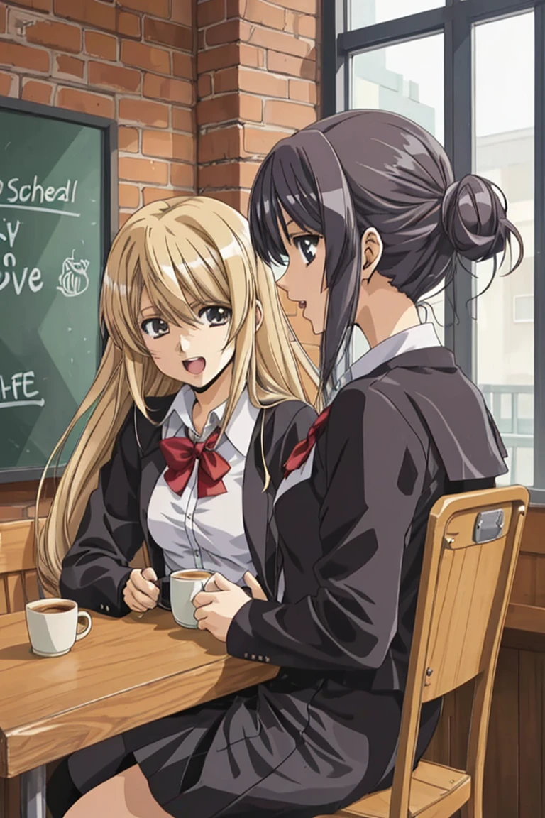 2 girls at coffee shop , school uniform,  joyful talking, (anime)