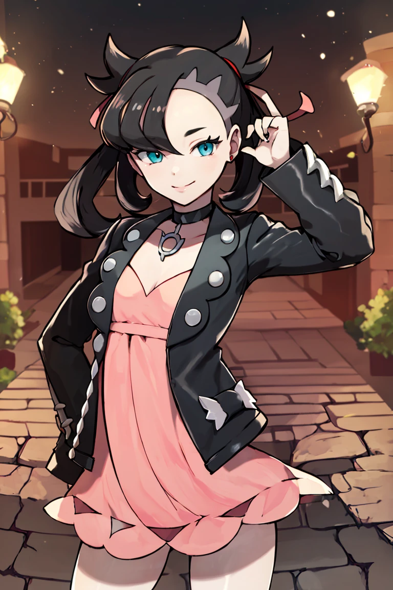 <lora:Sugimori_Ken_Style_v2:0.8>,((masterpiece,best quality)), absurdres, <lora:Marnie_Pokemon_Dim32:0.8>, Marnie_Pokemon, aqua eyes, black choker, red ribbon, pink dress, jewelry, black jacket, open clothes, long sleeves, solo, smiling, looking at viewer, cowboy shot,  cinematic composition, contrapposto,