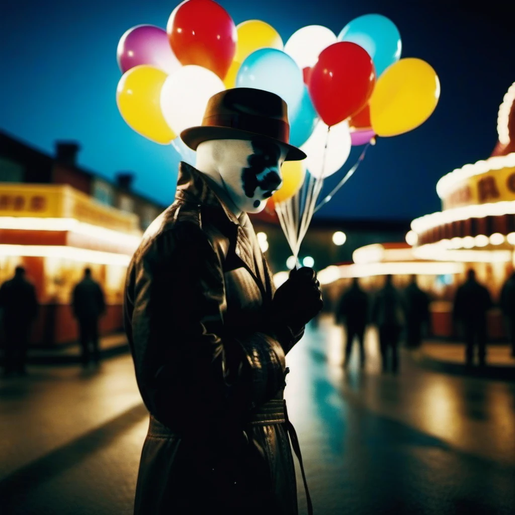 cinematic photo, Rorschach1024, a man with a hat, holding multicolor balloons, funfair ,. 35mm photograph, film, bokeh, professional, 4k, highly detailed <lora:Rorschach1024:0.8>