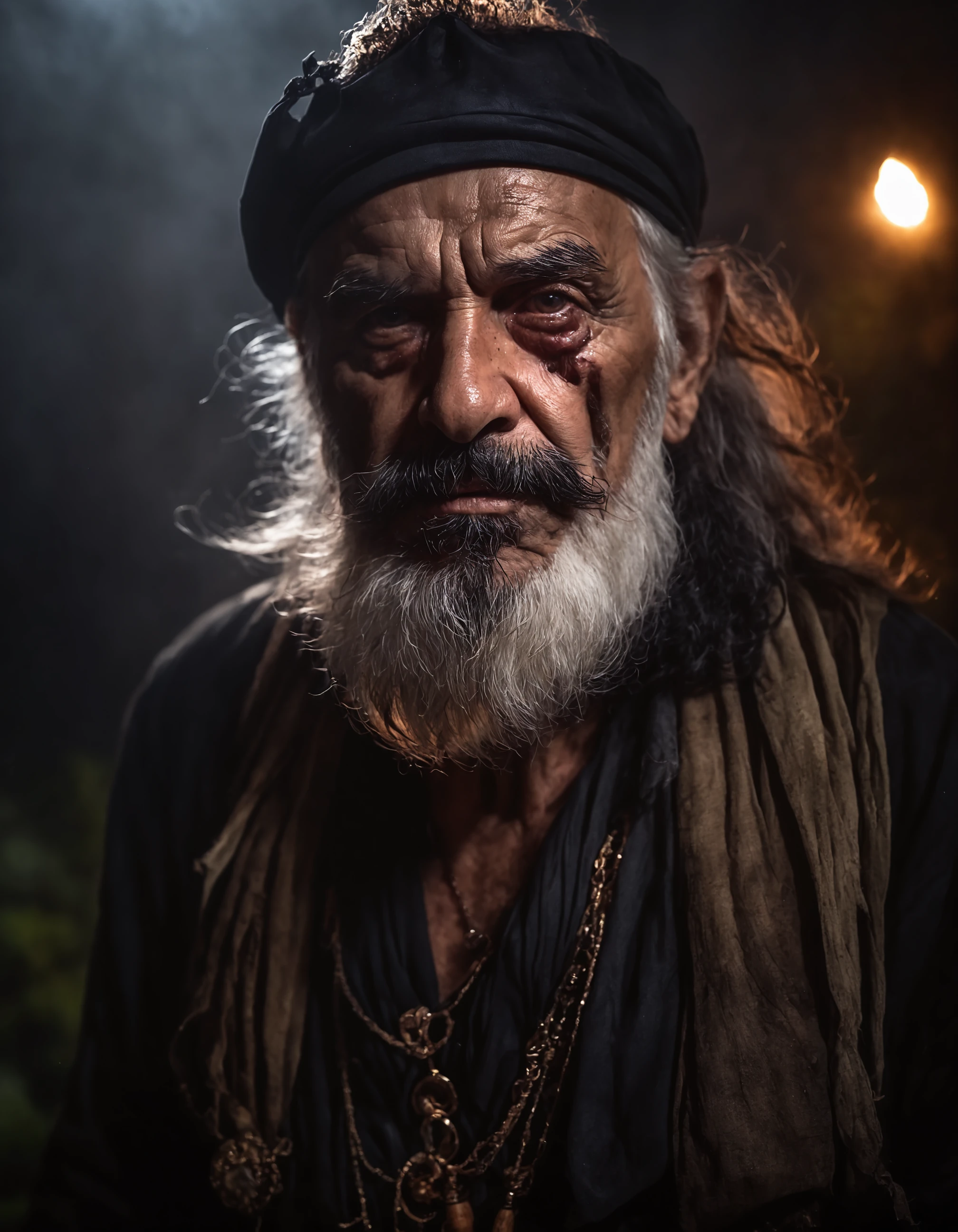 photo of old pirate man, beard, fog, dark atmosphere, night, close up, cinematic shot, hard shadows, Fujifilm XT3, undefined, undefined