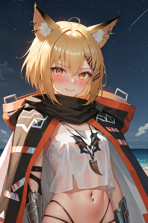best quality, masterpiece, highres, solo, {night:1.10}, {starry sky:1.10}, beach, beautiful detailed sky, {extremely detailed background:1.20}, {vermeil_arknights:1.15}, {standing:1.10}, looking at viewer, {bikini:1.30}, animal_ears, fox_ears, blonde_hair, short_hair, hair_ornament, hairclip, animal_ear_fluff, notched_ear, bangs, fox_girl, hair_between_eyes, orange_eyes, jewelry, blush, upper_body, oripathy_lesion_\(arknights\), necklace, cape, ear_piercing, light smile