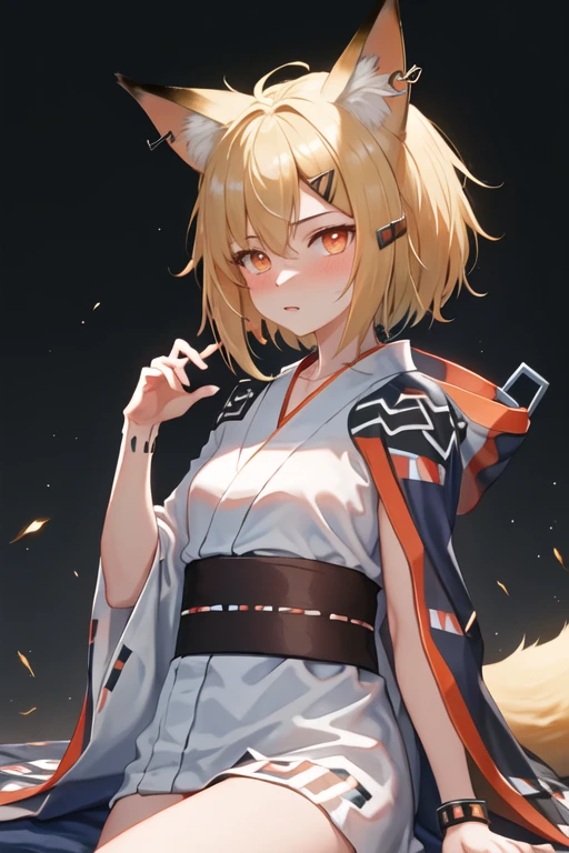 best quality, masterpiece, highres, solo, {yukata:1.40}, {kimono:1.20}, {vermeil_arknights:1.15}, animal_ears, fox_ears, blonde_hair, short_hair, hair_ornament, hairclip, animal_ear_fluff, notched_ear, bangs, fox_girl, hair_between_eyes, orange_eyes, jewelry, blush, upper_body, oripathy_lesion_\(arknights\), necklace, cape, ear_piercing