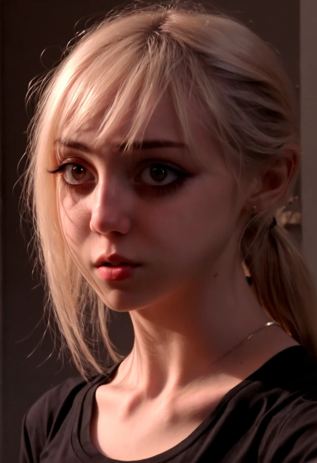 <lora:XL_marymorgan_v5:1>, marym0rgan,  1girl, solo, brown eyes, black shirt, blon,  upper body, XL_ZIP_realism