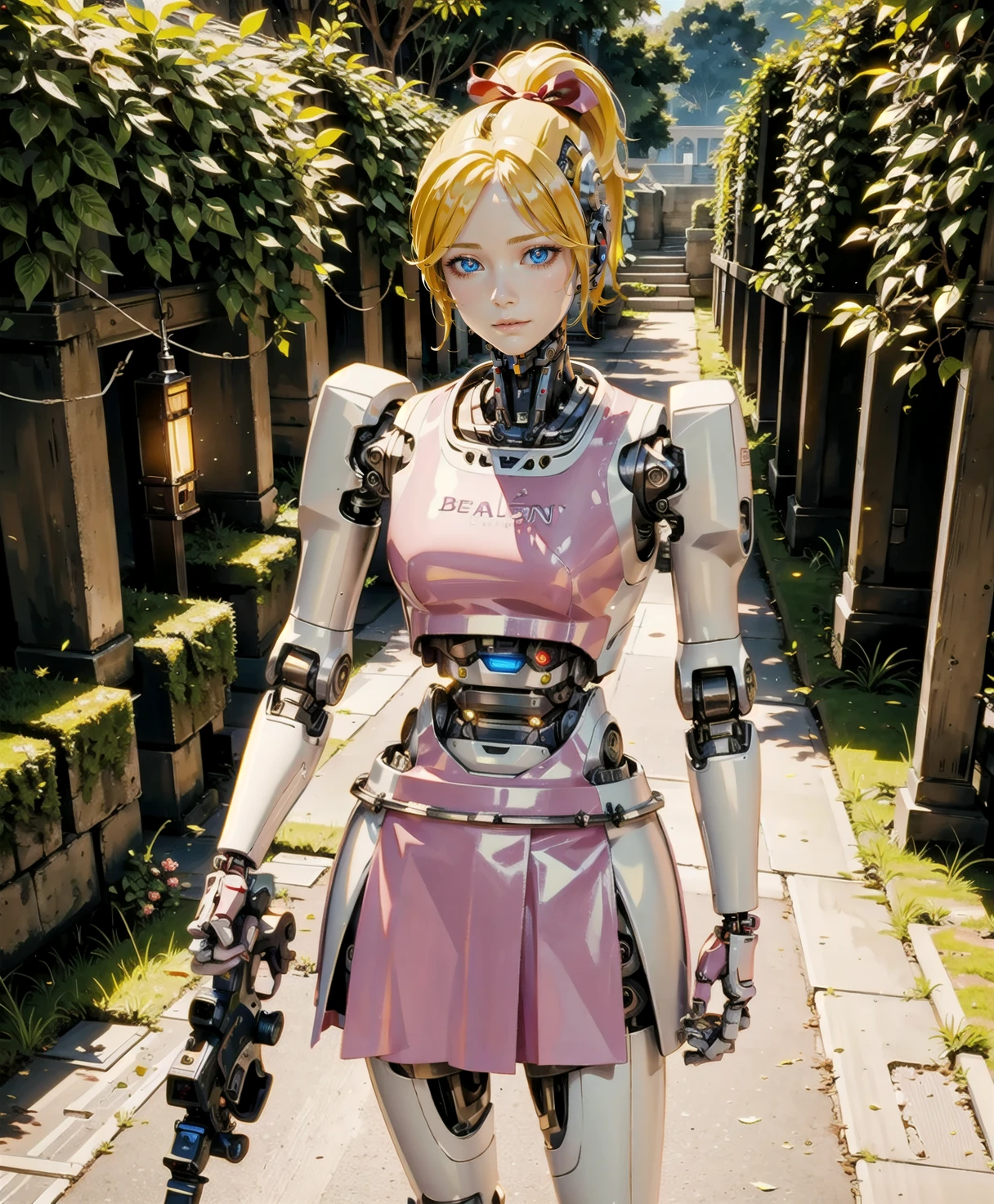 The robot girl with porcelain skin and a ravishingly beautiful face stands tall, her glowing armor reflecting the light of the charging ray gun. Excited and polished to a highres shine, she aims with precision, ready to unleash devastating voltage and energy.highres, intricate detailed, masterpiece, HDR, wide shot, (excited:1.3), detailed cg, delicate mechanical body, detailed eyes and detailed face, 8k resolution, beautiful face, aiming, <lora:KingsGynoid:0.65>, photorealistic, (kingsman 2:1.4), weapon, (mechanical hair:1.3), (beautybot:1.4), robot girl, android, porcelain skin, hair bow, reflective sheen, porcelain skin, robotic face, ray gun, looking to the side, ravishing, glowing armor, (robot ears:1.3), (glowing pupils:1.2), robot joints, metallic texture, metal skin, wide-eyed, 1other, porcelain skin, mechanical skirt, mechanical parts, Panasonic Lumix DMC-FZ38, depth of field, ultra sharp focus, best illumination, official art, 3d, floating, airbrush, A picturesque vineyard unfolds, rows of meticulously pruned vines stretching across the landscape, their bountiful grapes promising the delights of fine wine., holding gun,