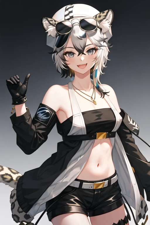 best quality, masterpiece, highres, solo, {cliffheart_arknights:1.15}, animal_ears, leopard_ears, short_hair, grey_hair, bangs, hair_between_eyes, animal_ear_fluff, smile, hat, jewelry, grey_eyes, white_headwear, cabbie_hat, necklace, breasts, sleeveless, leopard_tail, tail, upper_body, multicolored_hair, open_mouth, white_hair, bandeau, navel, armband, midriff, black_hair, medium_breasts, 1girl, eyewear_on_head, jacket, long_sleeves, looking_at_viewer, sunglasses, :d, black_jacket, blue_background, sky