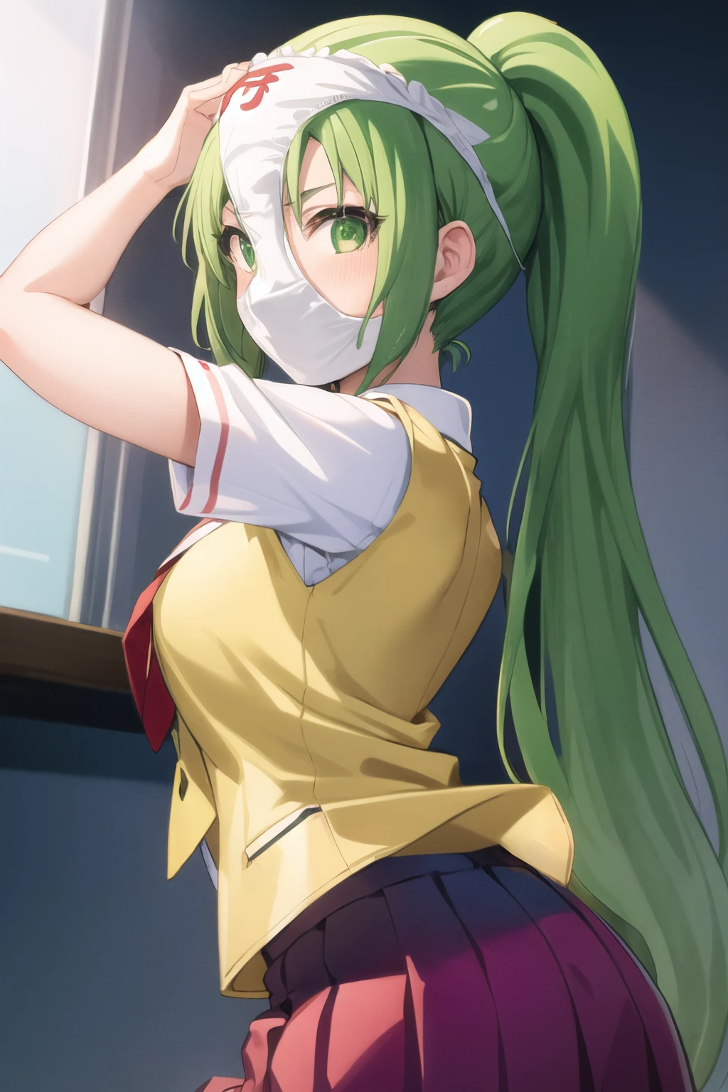 masterpiece, best quality, ultra-detailed, 1girl, Mion Sonozaki, green hair, green eyes, ponytail, pantymask, white shirt, red necktie, yellow vest, red skirt,