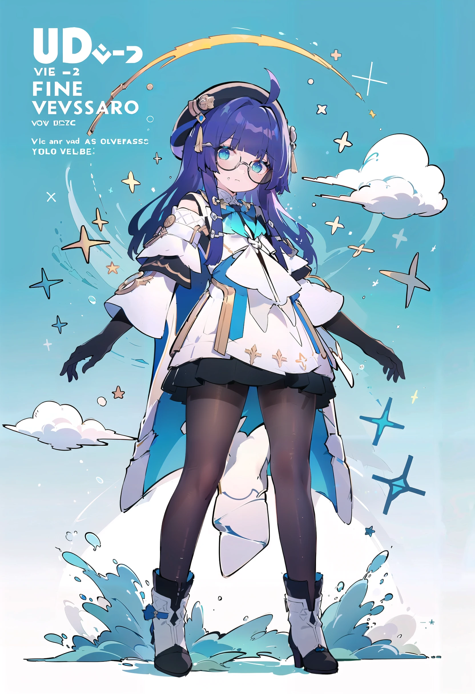 best, 8k, UHD, masterpiece, bright, high quality, flat color, 1girl, (blue background:1.2), head lift, air bubble, Ultra-Wide Angle, text censor, solo, video game cover, zettai ryouiki, mosaic censoring, silhouette, ahoge, from below, (wall of text:1.2), number background,
(full body:1.2),looking at viewer,sea,water,
<lora:pela-v100-000028:0.9:lbw=OUTALL>,pela, 1girl, pantyhose,elbow gloves, glasses, hat, long hair, blue eyes, bangs,high heels,skirt, long sleeves,
<lora:EnvyBetterHands LoCon_beta2 è¾
å©:0.55>, good hands, nice hands,
(beautiful_face), ((intricate_detail)), (revealing clothes:1.2), clear face,
((finely_detailed)), fine_fabric_emphasis,
((glossy)),