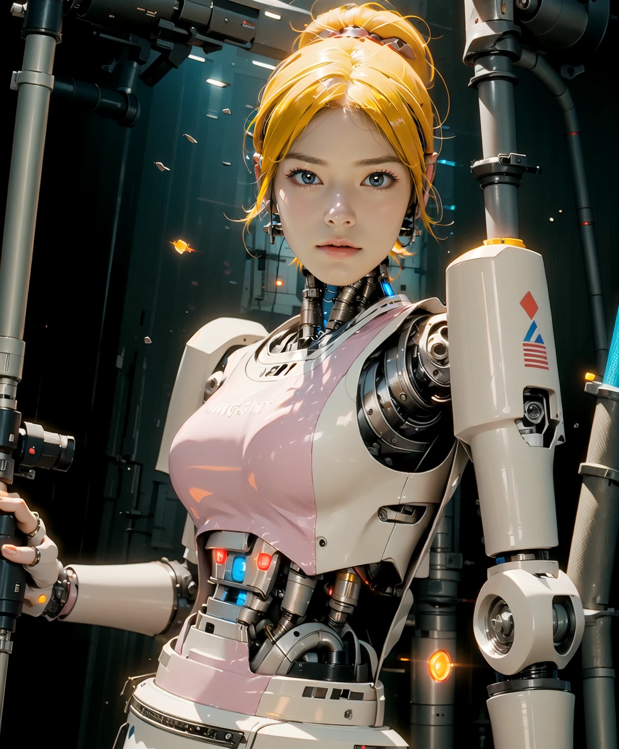 The robot girl with porcelain skin and a ravishingly beautiful face aims her devastating ray gun, her glowing armor reflecting the excited and polished reflective light in highres detail.highres, intricate detailed, masterpiece, HDR, wide shot, (excited:1.3), detailed cg, delicate mechanical body, detailed eyes and detailed face, 8k resolution, beautiful face, aiming, <lora:KingsGynoid:0.65>, photorealistic, (kingsman 2:1.4), weapon, (mechanical hair:1.3), (beautybot:1.4), robot girl, android, porcelain skin, hair bow, reflective sheen, porcelain skin, robotic face, ray gun, looking to the side, ravishing, glowing armor, (robot ears:1.3), (glowing pupils:1.2), robot joints, metallic texture, metal skin, wide-eyed, 1other, porcelain skin, mechanical skirt, mechanical parts, Panasonic Lumix DMC-TZ2, depth of field, ultra sharp focus, best illumination, official art, 3d, floating, airbrush, A vibrant coral reef thrives beneath the ocean's surface, teeming with an explosion of colors and diverse marine life, creating an underwater paradise of breathtaking beauty., holding gun,
